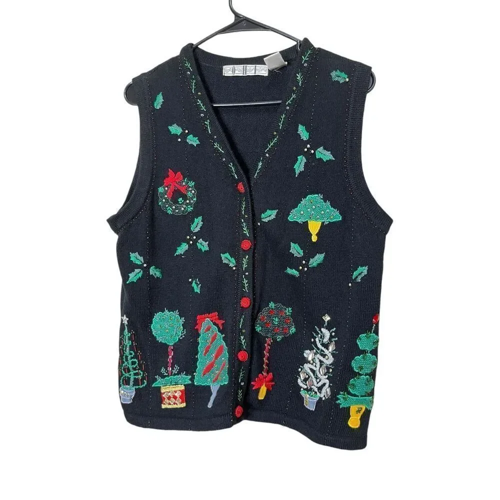 Vintage OHI Christmas Sweater Vest‎ beaded Embroidery Size Small